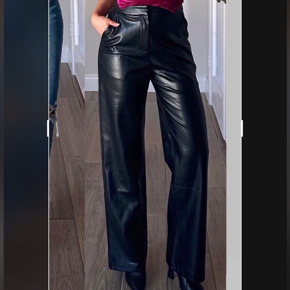 Pants - Faux leather pants wide leg pockets no stretch